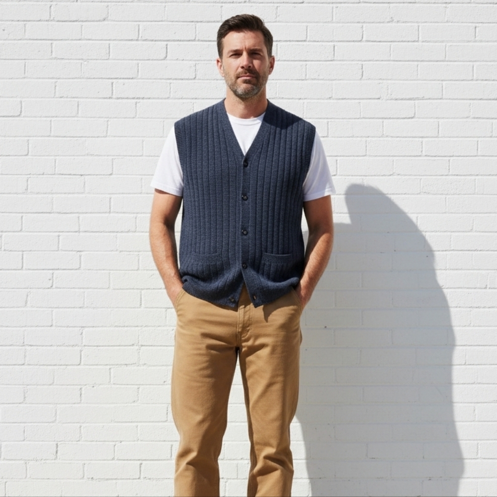 Vintage Mens Cardigan Sweater Vest Blue Gray Pockets Size Large Eclectic 90s